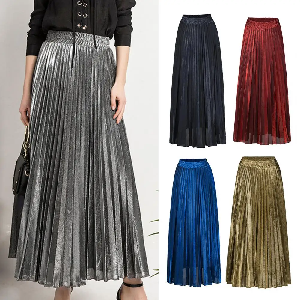 2026 Women Maxi Skirt Elastic High Waist Pleated Golden Long Skirt Slimming Design Spring Summer Skirt Work Leisure Travel Wear