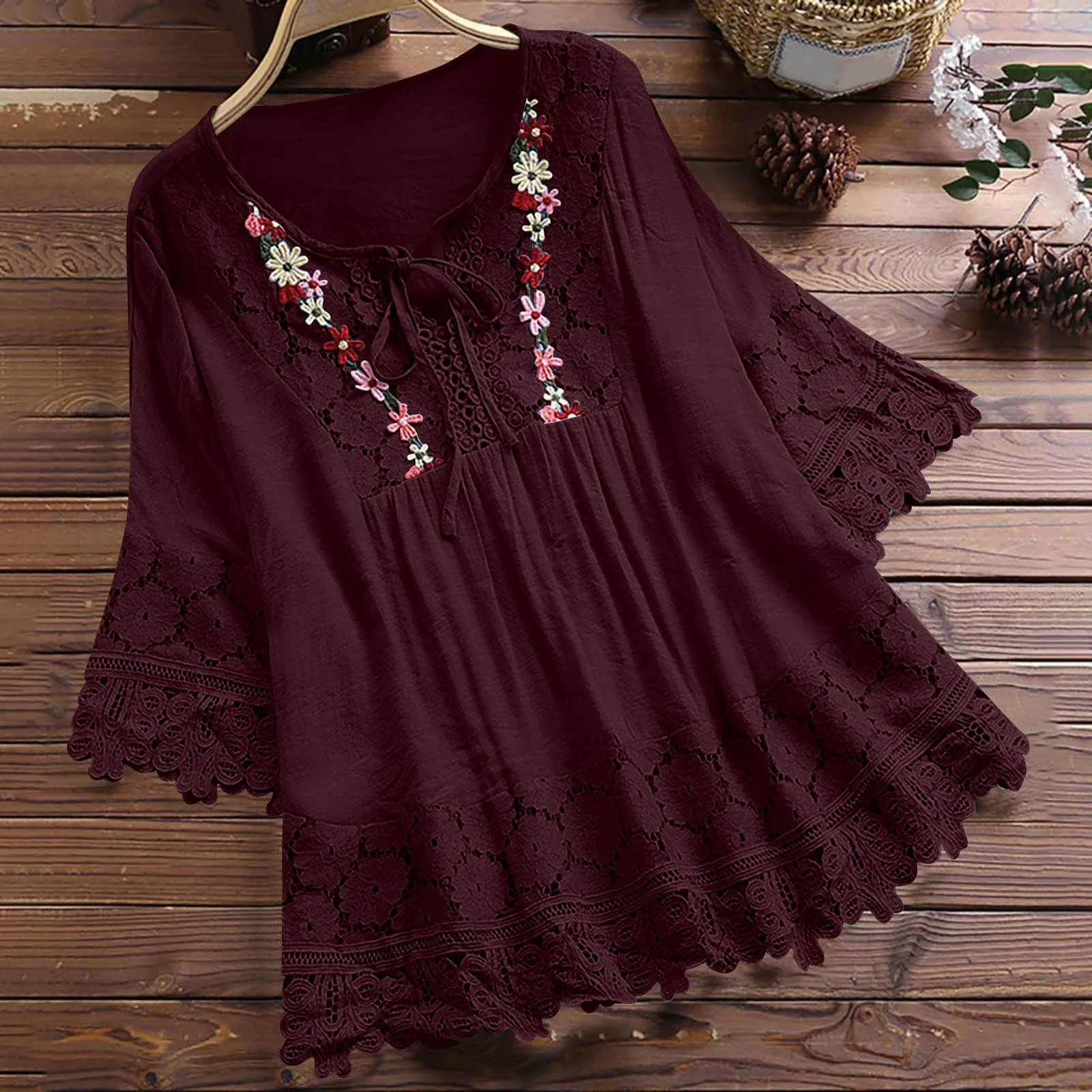 Women Ethnic Cotton Blouse Mori Girl Clothing Retro Lace Patchwork Blouse Flower Pleated Tunic Solid V-Neck 3/4 Sleeve Shirts