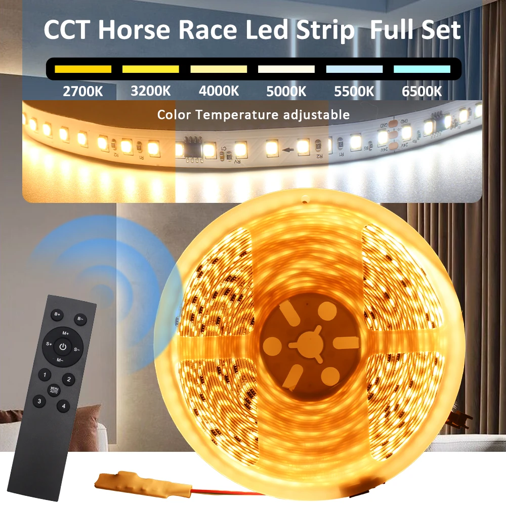 

Running Water Flowing CCT LED Light Strip 24v 2835 SMD Dual Color 5M 10M 15M 20M Horse Race Ribbon Lamp Set for Room Decoration