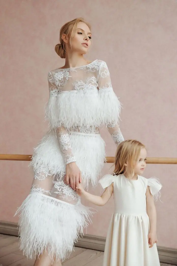 White Lace and Feather Mother Daughter Matching Dress Long Sleeve Mommy and me outfits For First Birthday  Photo Shoot