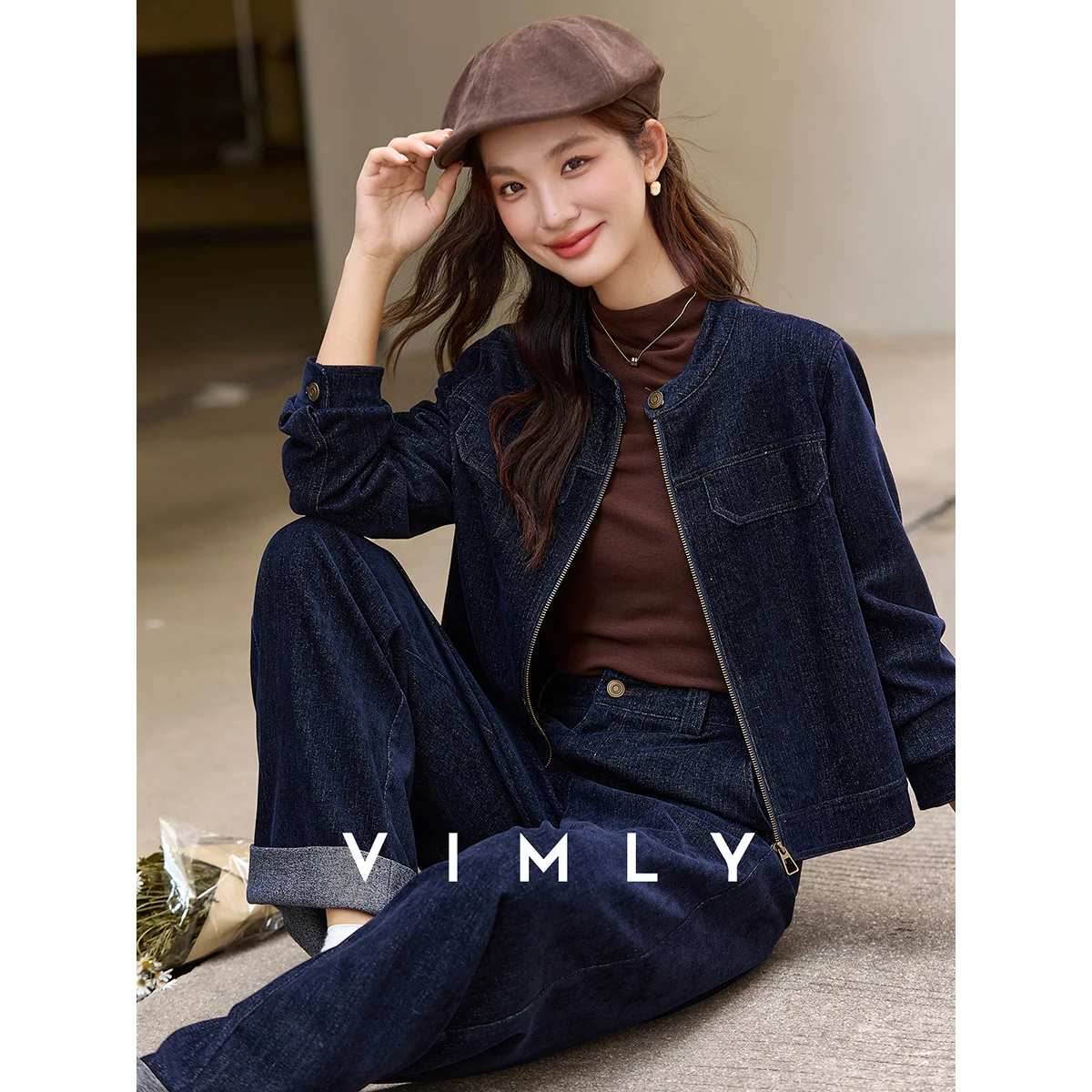 VIMLY Denim Two-Piece Set for Woman 2025 Autumn Round Neck Zipper Front Jacket & Wide Leg Trousers Casual Comfort Outfit A3093