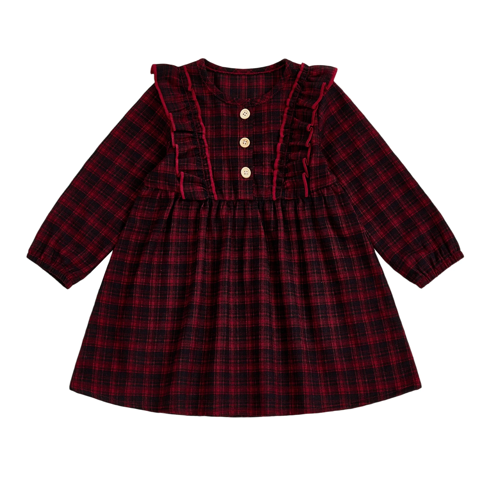 

Платье в клетку для маленьких девочек, весенне-осеннее платье трапециевидной формы с длинными рукавами и круглым вырезом на пуговицах
