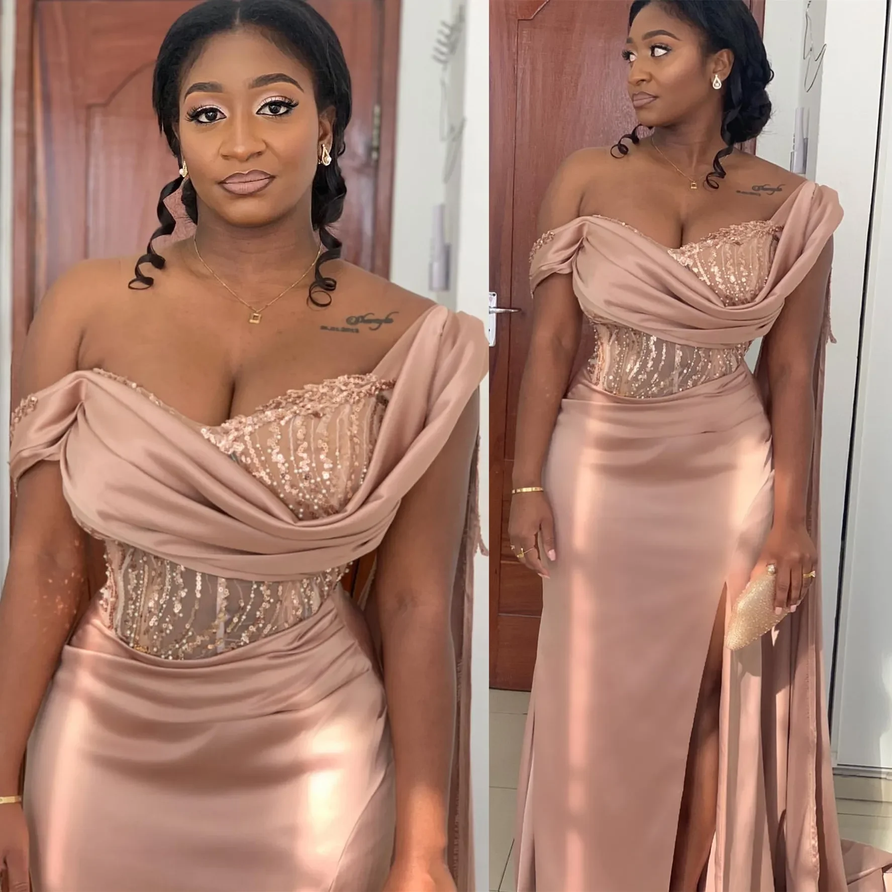 

Beautiful Blush Pink Mermaid Evening Dresses Satin Promdress Lace One Shoulder Prom Formal Party Bridesmaid Birthday Gowns Dress