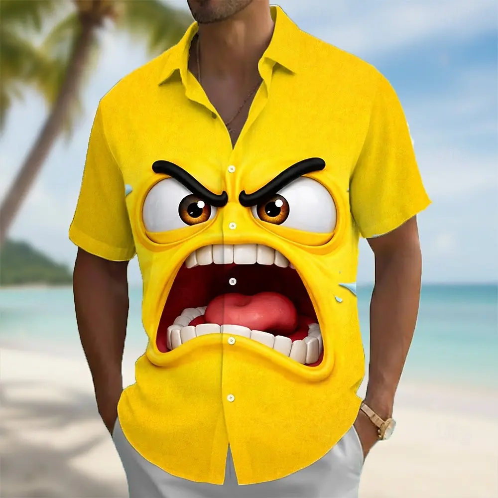 

Men's Optical Illusion 3D Cartoon Angry Face Shirt Button Up Shirt Short Sleeve Funny Daily Vacation Summer Spring Shirts