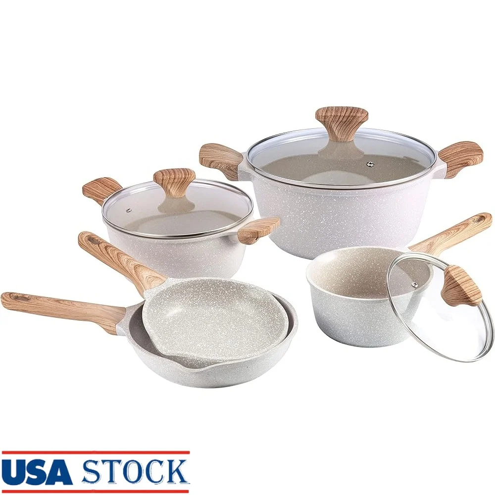 

Non-Stick Aluminum Cookware Set 8 Pc Kitchen Essentials Durable Soup Pan Frying Skillet Easy Cleanup Speckled Cookware
