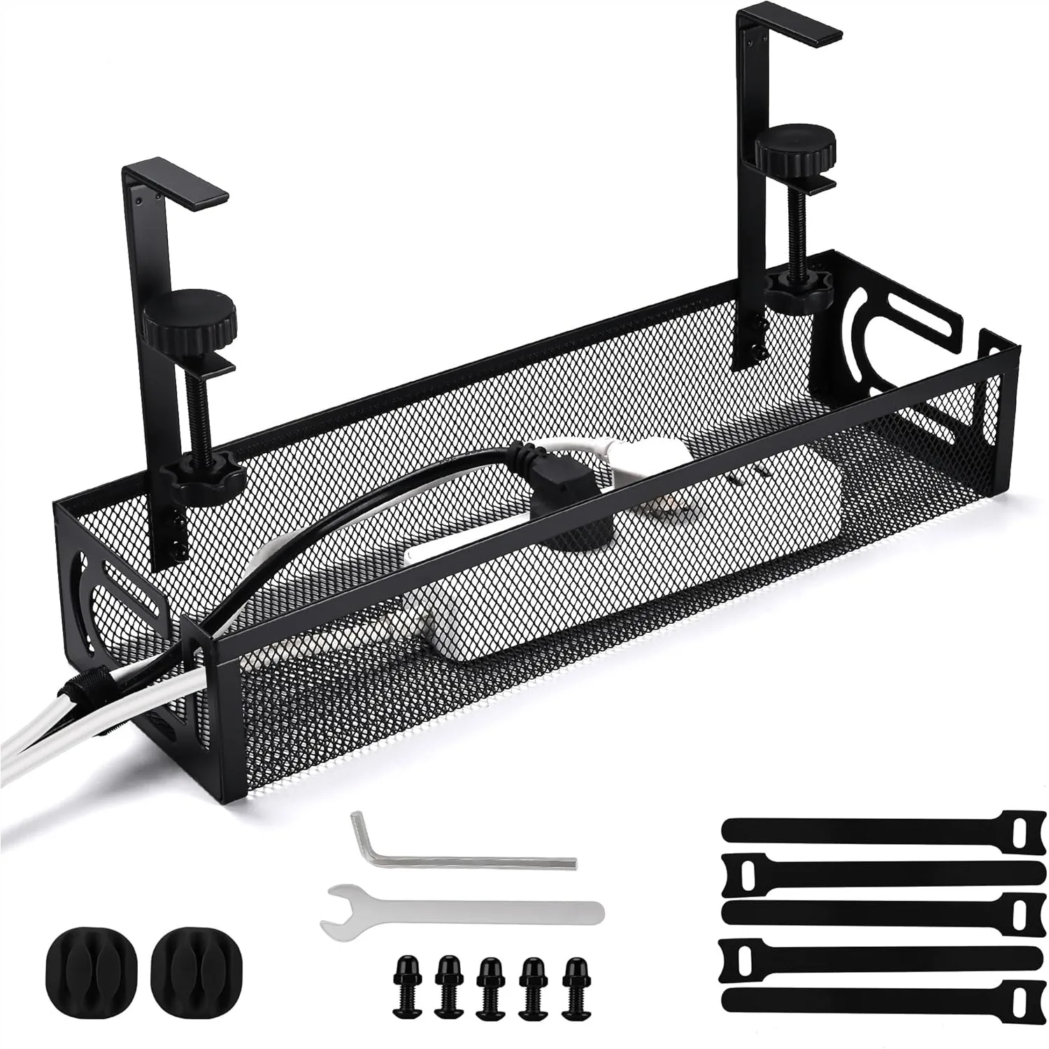 

Small Under Desk Cable Management Tray Clamp Mount No Drill Metal Wire Organizer For Home Office Black