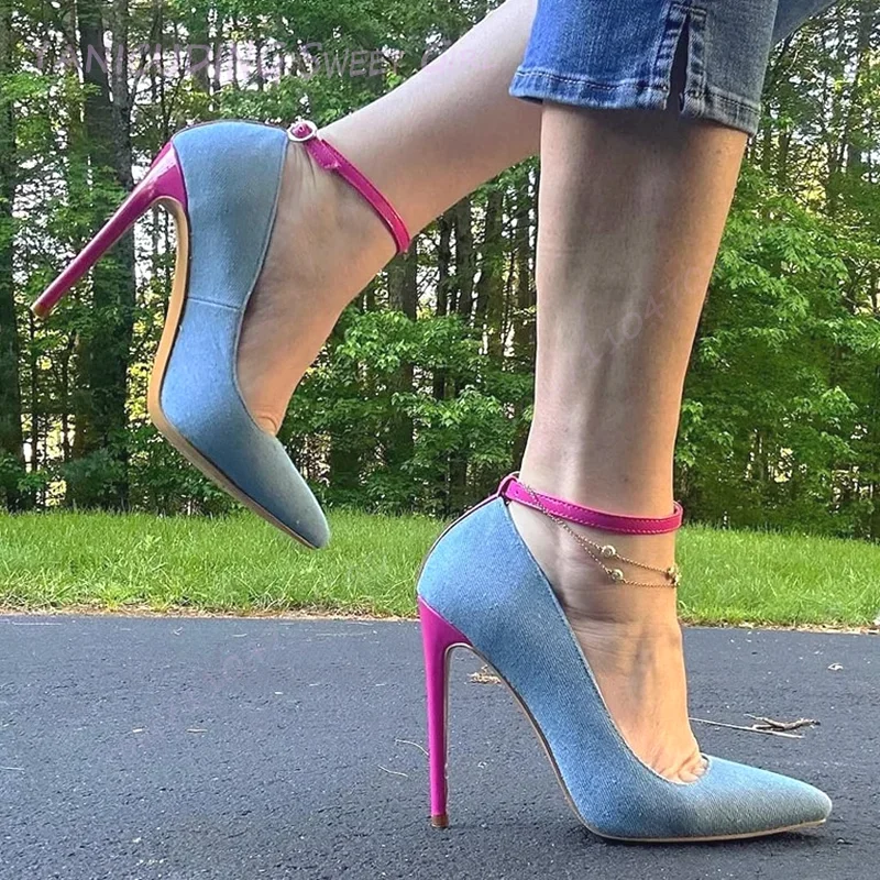 

Splicing Denim Blue Cloth Solid Color Red Heel Pump Woman Simple Pointed Heels Summer Ankle Buckle Daily Office Lady Work Shoes