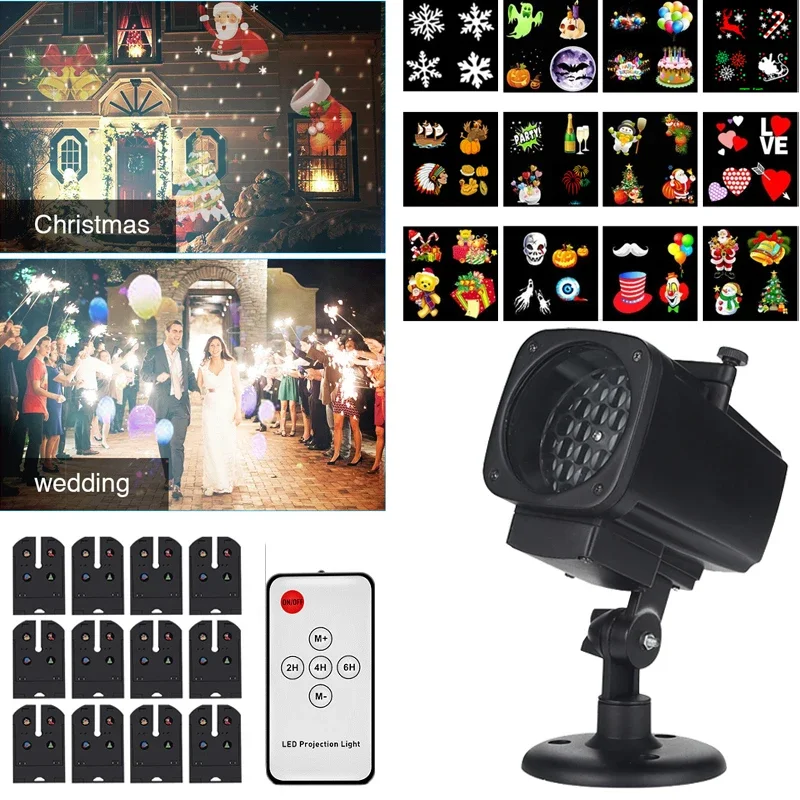 impermeavel led laser snowflake projetor stage light para o ano novo home garden e natal 12 film cards 01