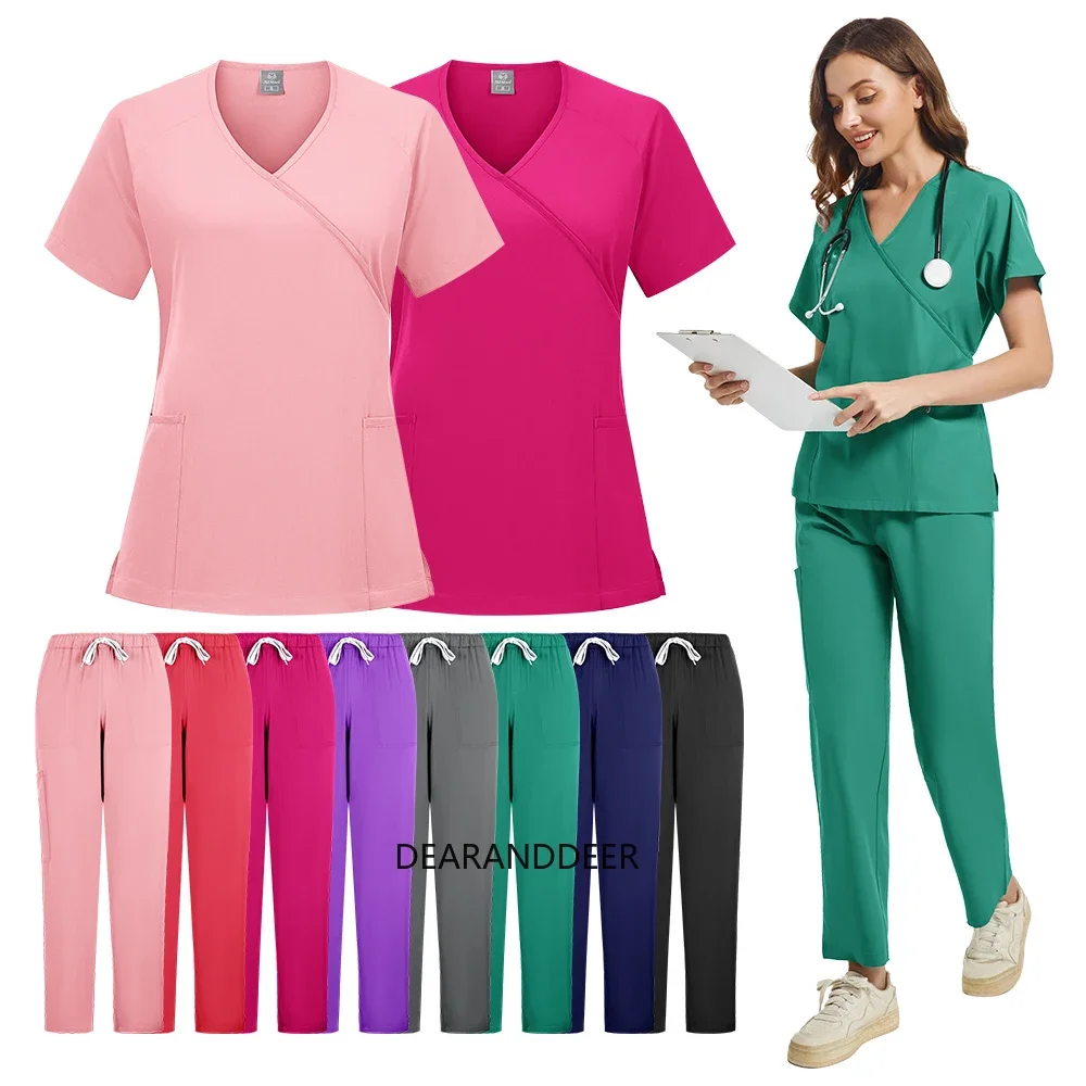 Multi-color matte nurse uniform short-sleeved top + pants, women's beauty salon pet shop doctor medical surgical workwear set