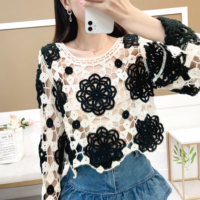 

Black White Hollow Out Crochet Knitwear Spring Summer Holiday Long Sleeve Boho Cover-Up Top Korean Style Sexy Floral T-shirt