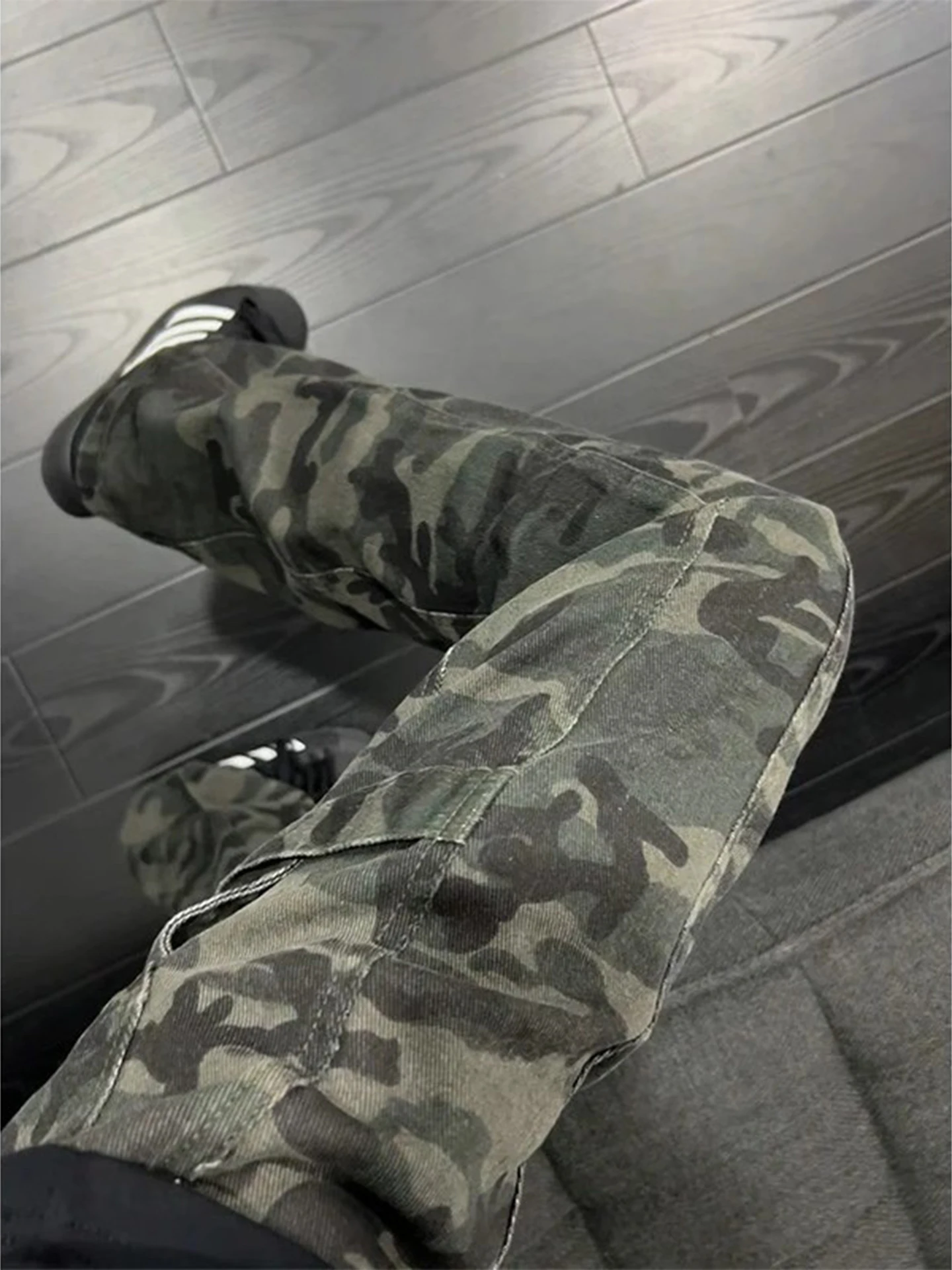 

American Camouflage Thickened Fleece Men's Jeans Slanted Cut Straight Leg Micro Flared Pants Retro Logging Workwear Winter