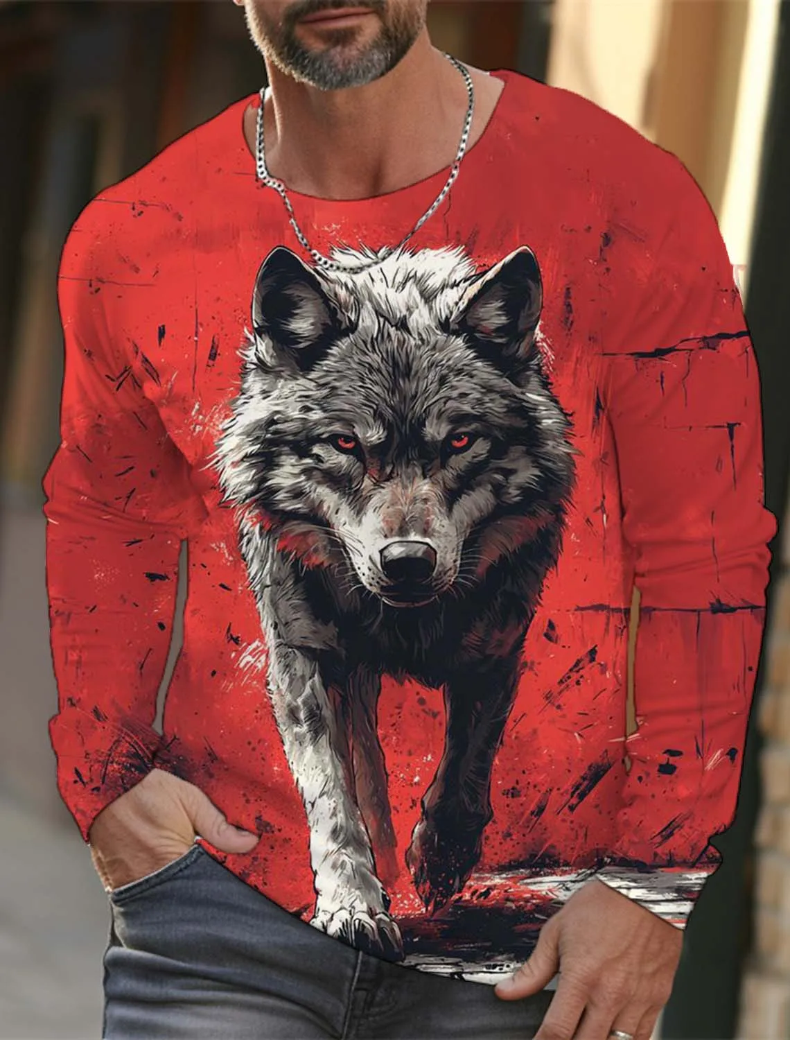 

3D Print Wolf Pattern Men's Long Sleeve T-Shirt Fashion Outdoor Street Crew Neck Unisex Clothes Creative Design Stylish Pullover