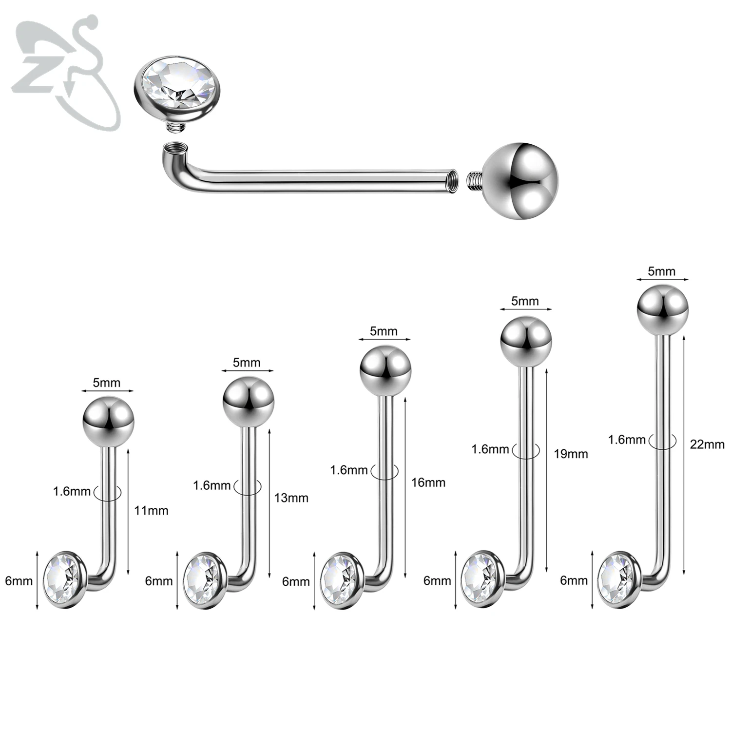 ZS 1 PC 14G F136 G23 Titanium Steel Belly Button Ring Men Women Round CZ Crystal Navel Piercings Body Jewelry 11/13/16/19/22MM