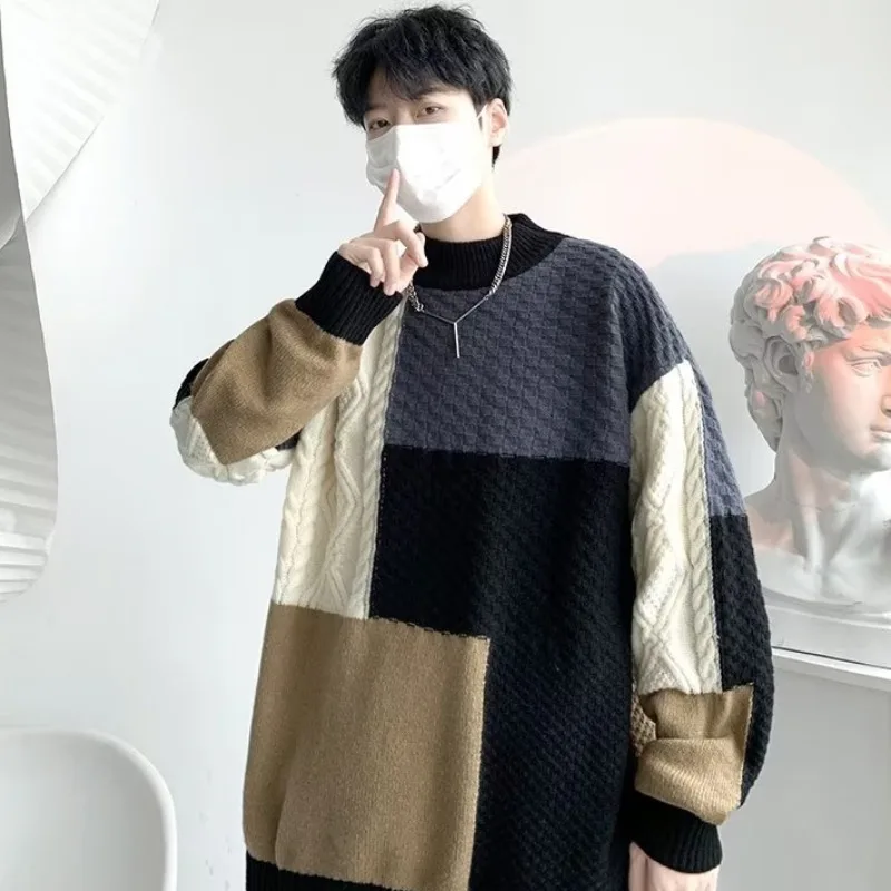 

Свободный мужской вязаный свитер, осень-зима, большой размер, цветная блузка, верхняя одежда, корейский Sle High Street Faion Long Sve Baseb...