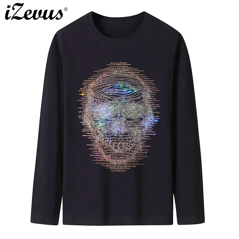 Shiny new precision skull drill fashion large patch T-shirt men's spring and fall long-sleeved casual T-shirt good quality