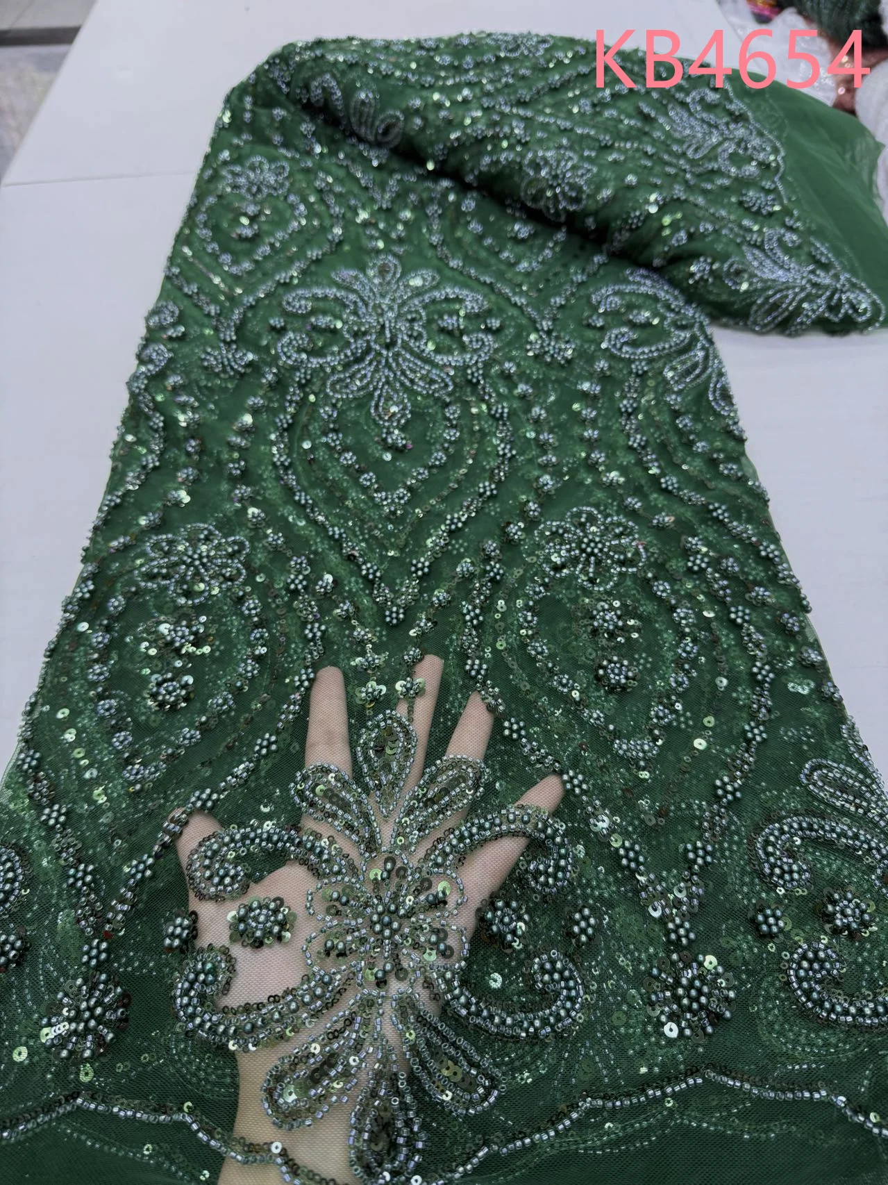 

African Lace Fabric 2025 High Quality 5 Yards Oliver Green Beads Lace Fabric Nigerian Sequins Tulle Lace For Sewing KB3604