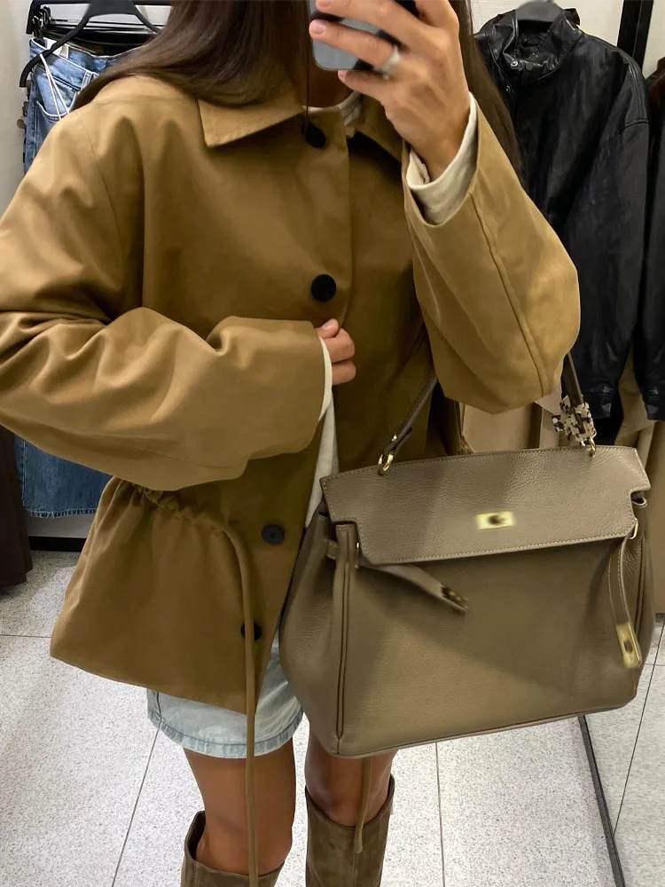 

HH 2025 Woman Autumn Casual Jacket Soild Turn-Down Collar Lace-Up Decoration Single-Breasted Woman New Fashion Long-Sleeved Coat