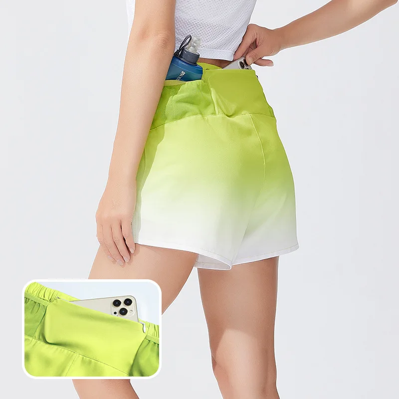 شورت رياضي نسائي متدرج سريع الجفاف مع سحاب خلفي وجيوب شبكية جانبية شورت شاطئ للسباحة وركوب الأمواج وصالة الألعاب الرياضية والجري