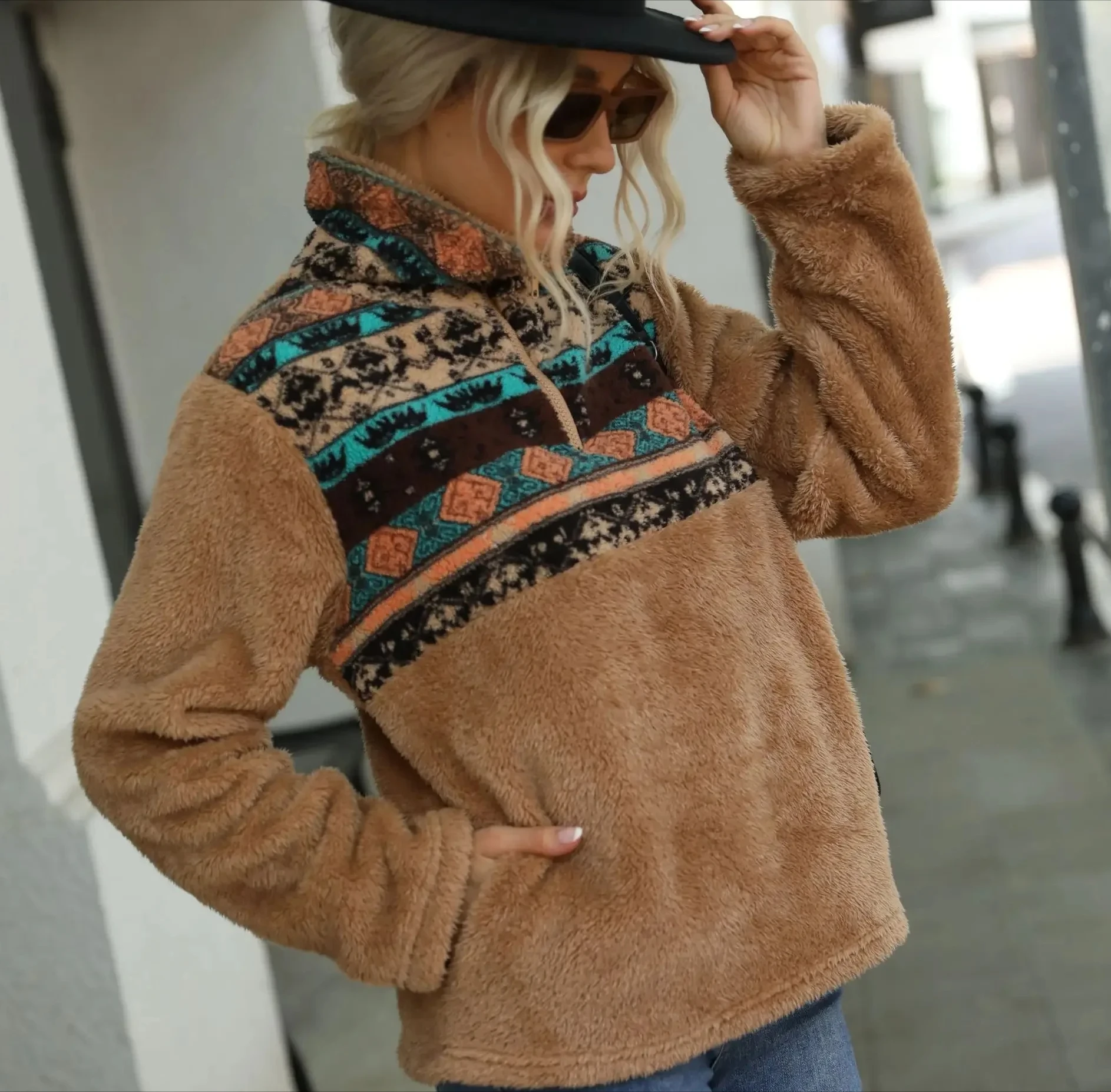 المرأة عبر الحدود الخريف/الشتاء الصوف كم فضفاضة تناسب البلوز الطباعة الوقوف طوق جيب نصف الرمز البريدي البلوز