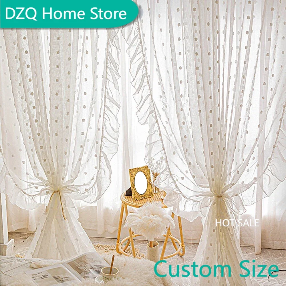 

3D White Pompom Sheer Curtains Vintage Ruffles Design Light Filtering Curtains for Bedroom Romantic French Bay Window Drapes