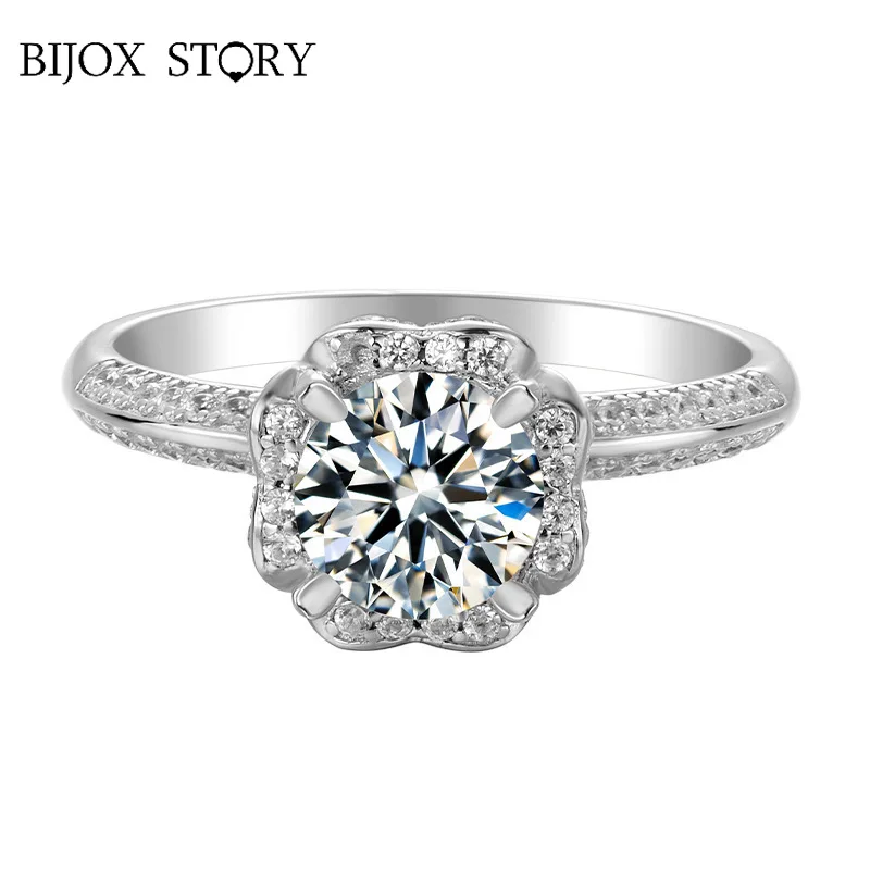 

BIJOX STORY 925 Sterling Silver 1 Carat 6.5MM Moissanite Ring for Couple Female Gift 8H8A Round Cut Romantic Flower Wedding Ring