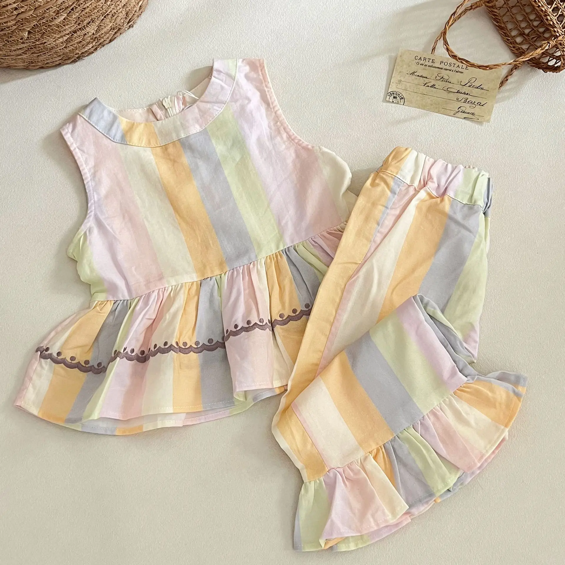 In stock! 2026 Summer AP New Arrival Children's Set Girls' Nordic Style Rainbow Striped Sleeveless Vest and Pants