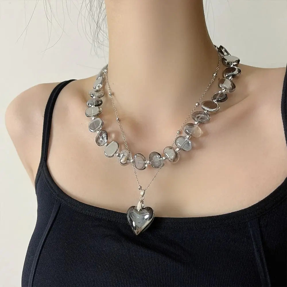 

Simple Beaded Necklace Exaggerate Double Layer Transparent Beads Necklace Irregular Neck Jewelry Heart Pendant Necklace Women
