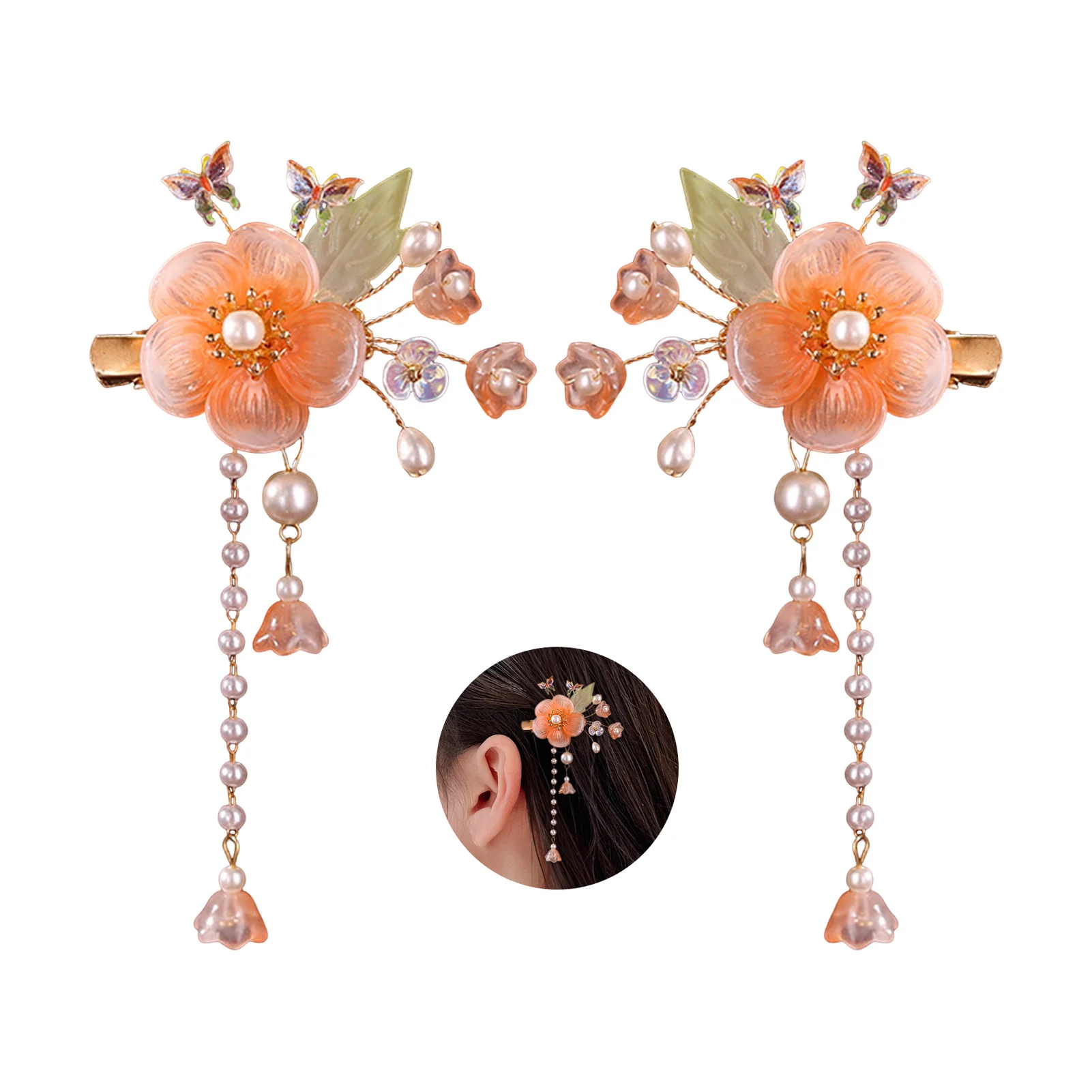 2 Stück Retro-Blumen-Haarspangen im chinesischen Stil, Glasblumen-Quasten-Haarspangen-Set, Hanfu-Cheongsam-Kleid-Schmuck, Haar-Accessoires – Detail 3
