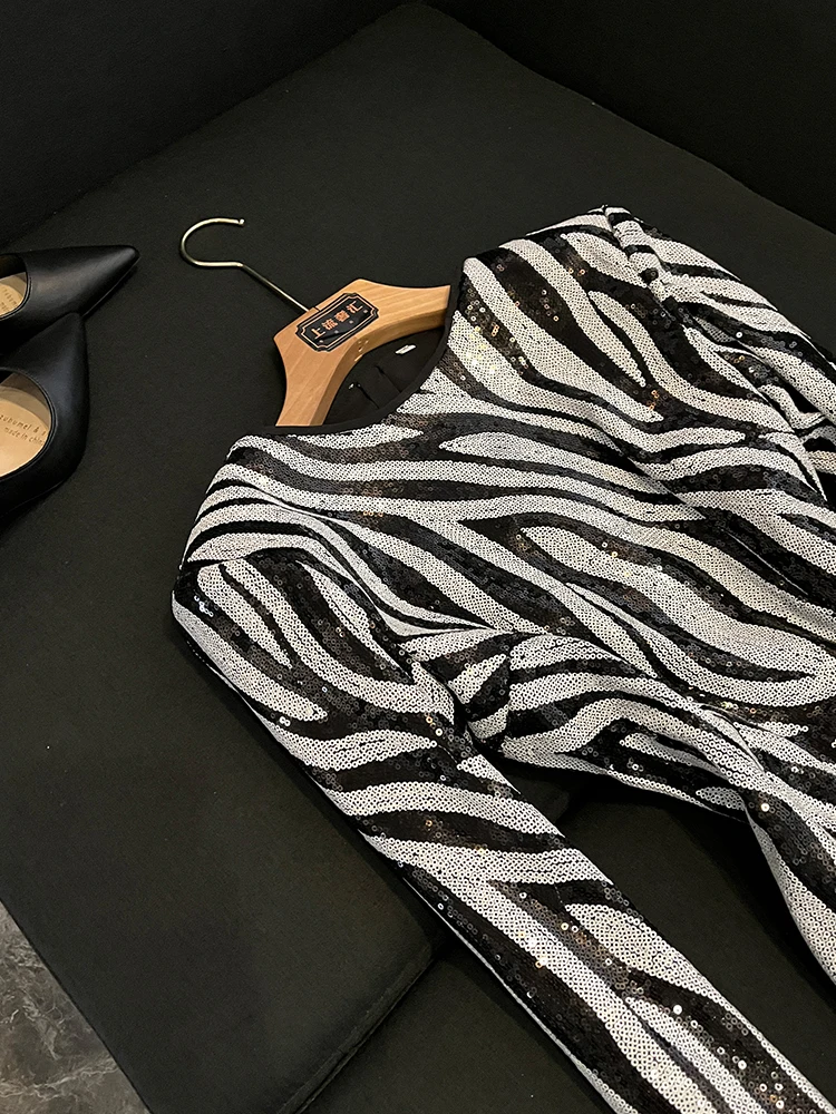 Inig paillettes imprimé zèbre rond Ne ajusté portefeuille moulante Dr trajet Sle taille moyenne t-shirt acétate fibre été dames jupe