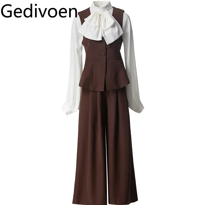 Gedivoen Autumn and winter Women's Suit Lantern Sleeved Bow Shirt+V-Neck Single-Breasted Vest Tops+Wide leg pants 3 piece set