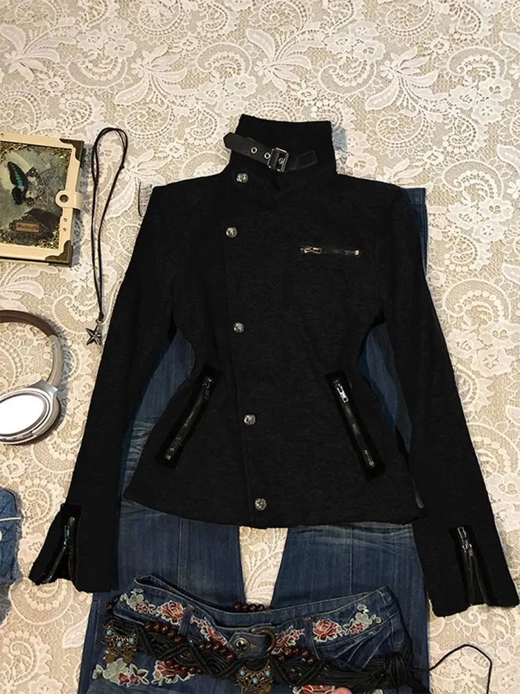 

Эстетическая винтажная тонкая куртка женская в стиле ретро Y2k шикарная черная элегантная куртка с воротником-стойкой осень-зима 2024, уличная модная одежда