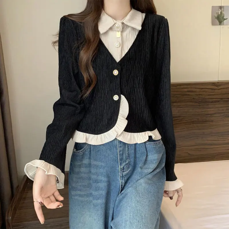 Women\'s Clothing Long Sleeve Shirt Fake Two Pieces Spring Autumn Stylish Edible Tree Fungus Spliced Vintage Polo-Neck Blouse New