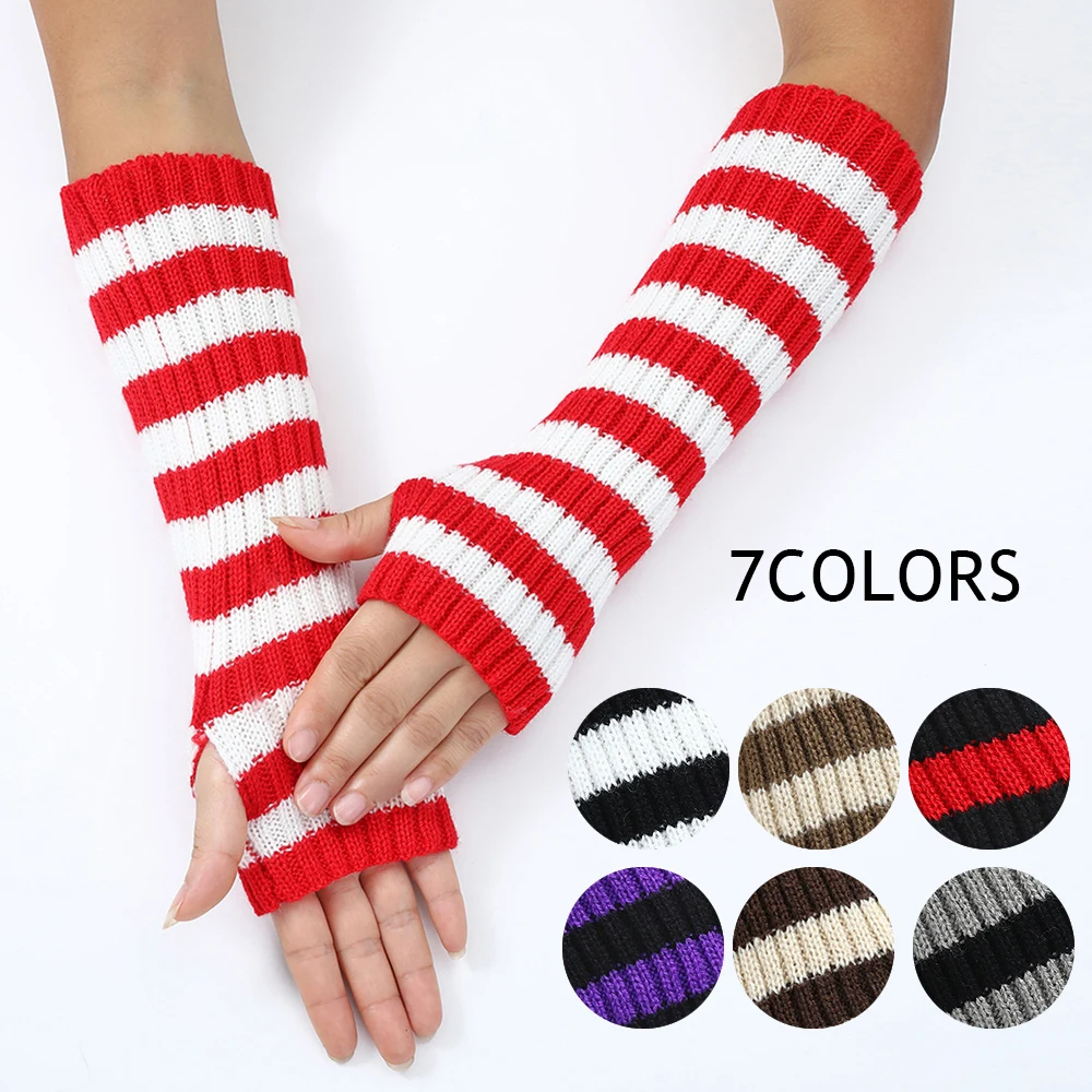 Winter Knitted Arm Sleeve Covers Women\'S Striped Long Fingerless Gloves Wool Knitting Wrist Arm Warmer Punk Gothic Elbow Mittens