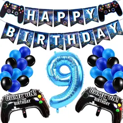 Blue Game Number 9 Birthday Theme Party Decoration Set Number Balloon Pull Flag Set