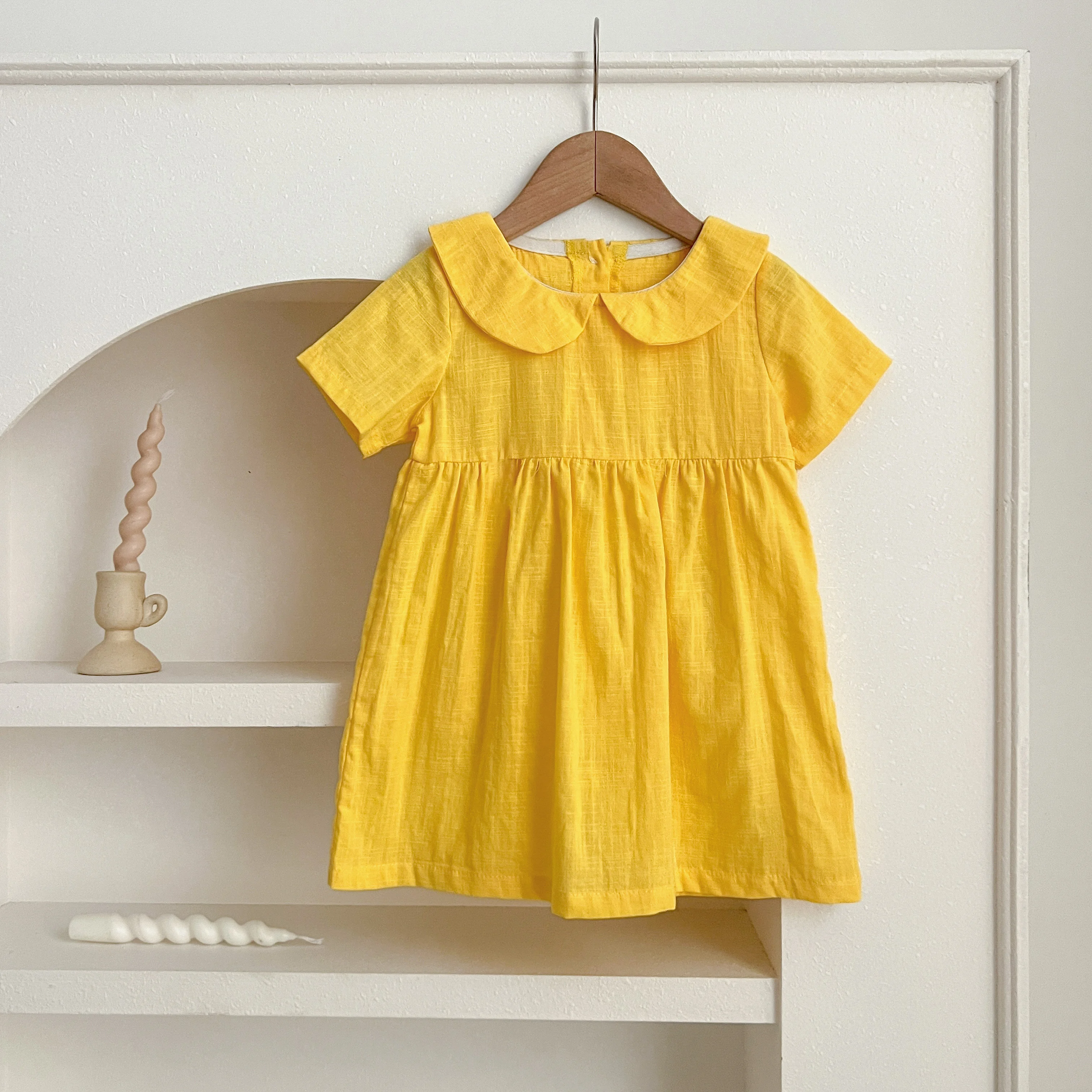 Baby Girl Clothing Summer Toddler Girl Dress Casual Short Sleeved Cotton and Linen Material Versatile Solid Color Princess Dress