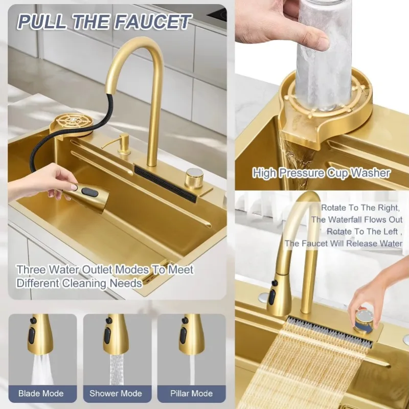 Золотая кухонная мойка с одной чашей из нержавеющей стали, вставная конструкция для элегантности и долговечности