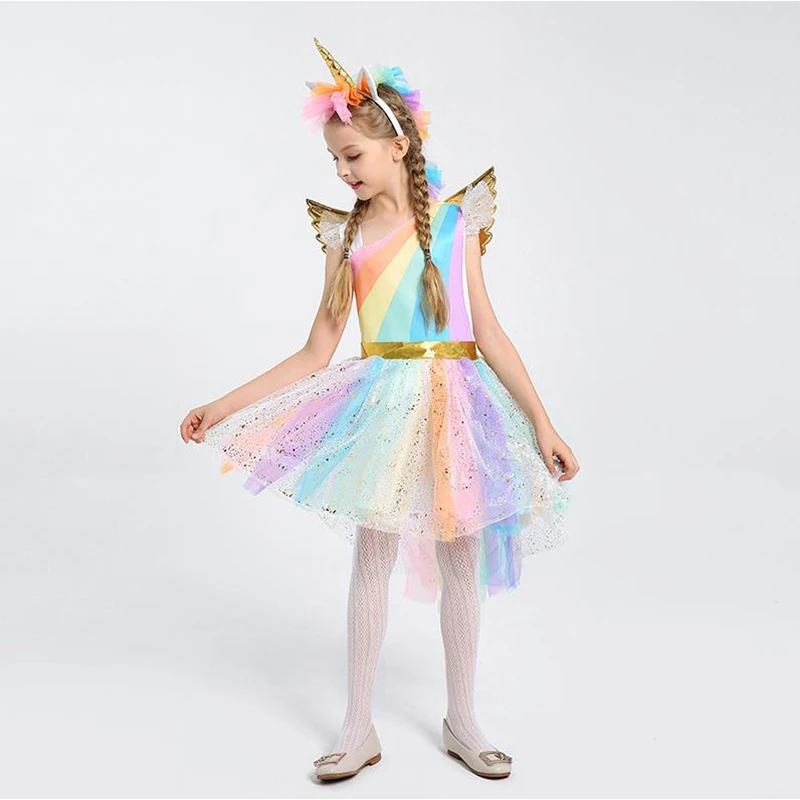 

Children's Performance Costume Halloween Cosplay Costume Unicorn Dress Stage Rainbow Princess Girls Chic Students Mesh Dresses