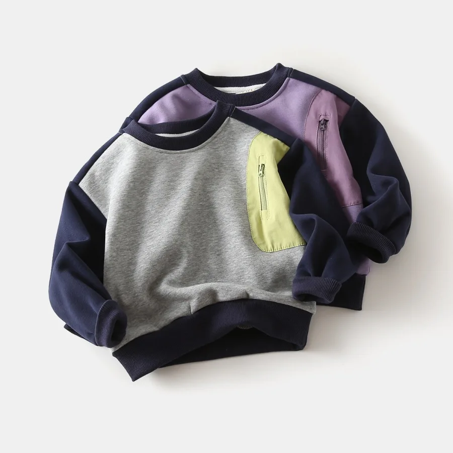 Korean Children Boy Velvet Sweatshirt Autumn Winter Spliced Thicken Warm Kids Boy Tops 1-8Y Babys Boys O-collar Casual Pullovers view 2