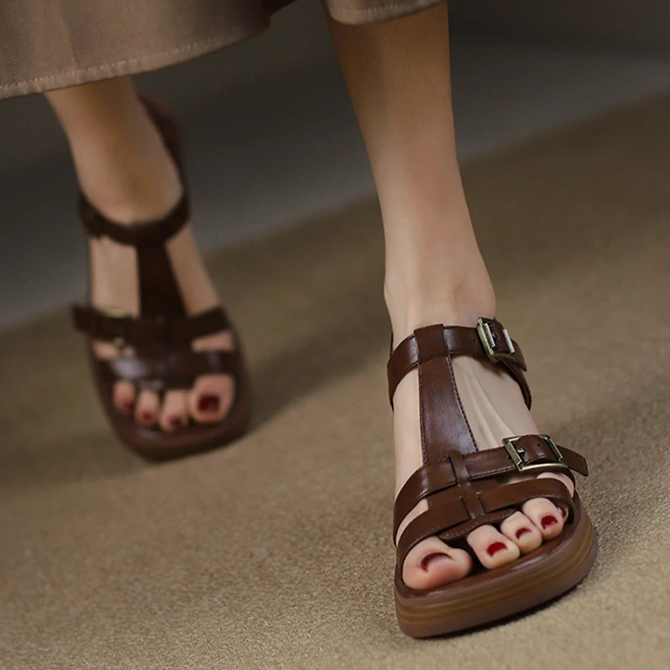 

Римские сандалии, женская обувь на среднем каблуке, лето 2021, женская обувь из мягкой кожи с одним носком и открытым средним каблуком, женская обувь на толстом каблуке