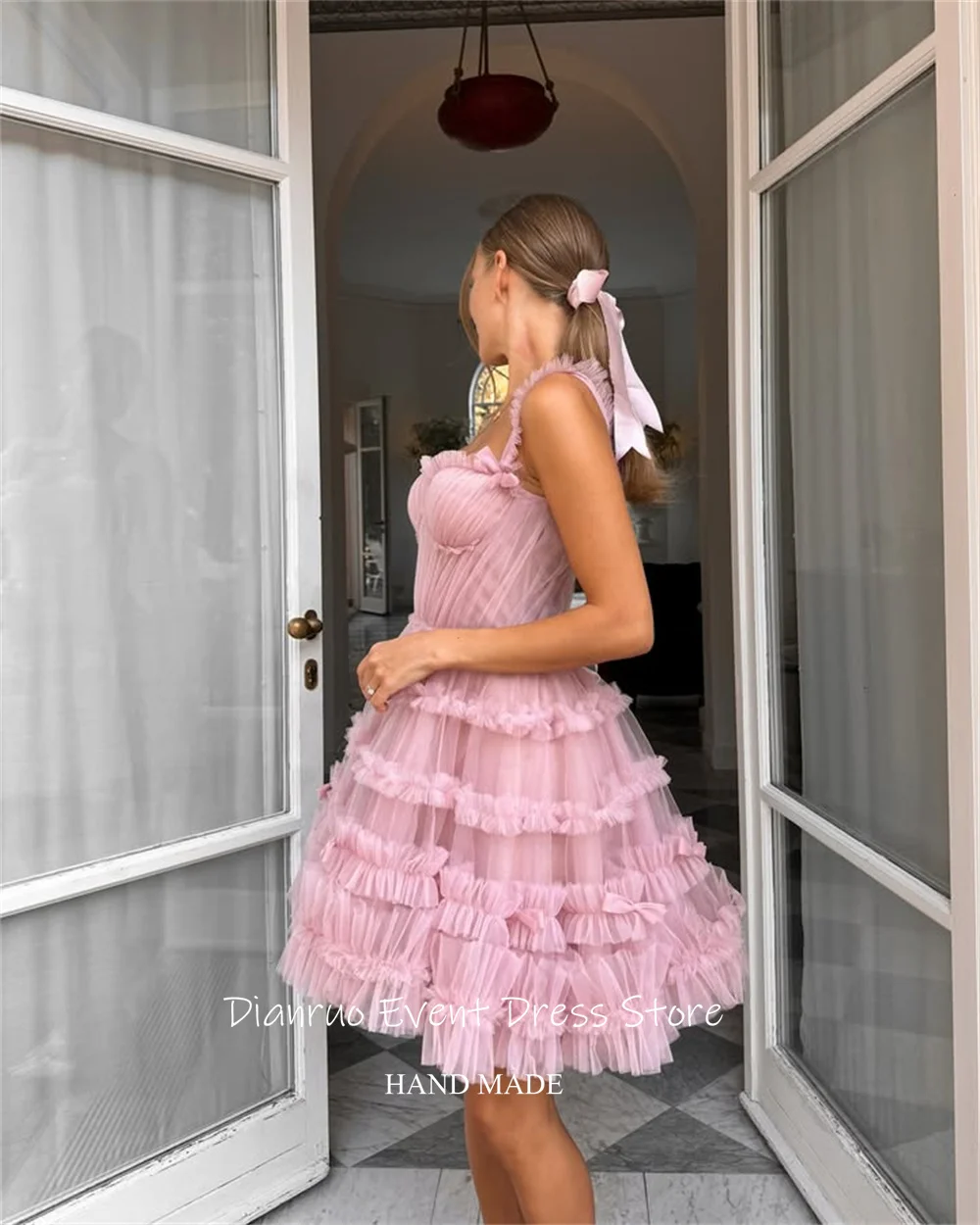 Dianruo تول طبقات الكشكشة فساتين لحضور الحفلات الموسيقية طول قصير ألف خط فستان العودة للوطن أنيق بدون حمالات رداء دي كوكتيل مخصص