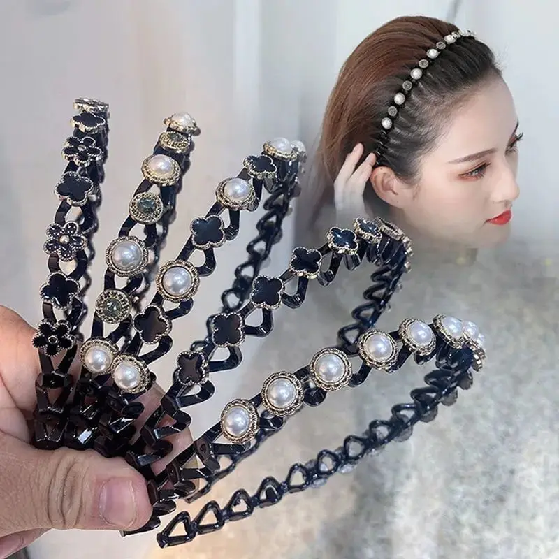 Fashion Rhinestone Hair Hoop Non-Slip Black Wavy Teeth Comb Flower Artificial Pearls HairBand Bangs Tool For Women Girls