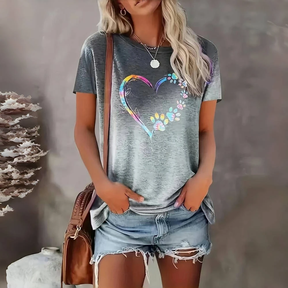 

Colored Love Print Summer Fashion Gradient Short Sleeves Tshirt Casual Trend Women's T-shirts Loose Women Clothing Tops Pullover