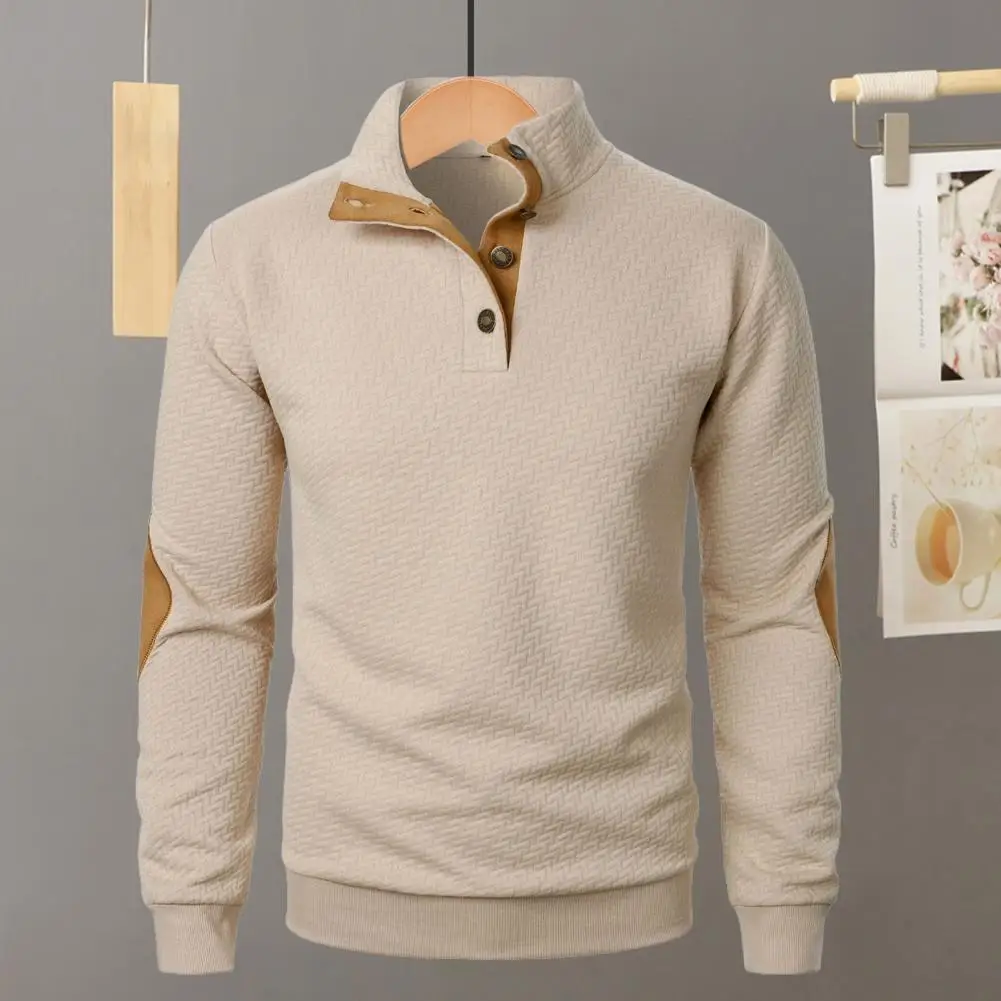 Button Neck Sweatshirt Color Block Sweatshirt Stylish Men's Patchwork Sweatshirt with Stand Collar Elastic Cuffs Wear for School