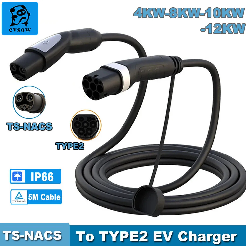 Evsow TS-NACS Cable de carga EV tipo 2 a cargador de TS-NACS 12KW50A 1P cargador de coche eléctrico para TS-NACS modelo Y3 S X cargador 5m