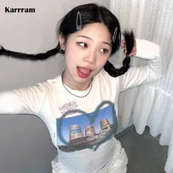 Karrram Y2k Aesthetics T-shirt Kawaii Kitten Print Top Korean Fashion Cute Cat Tshirt Fairycore Grunge Long Sleeve Tee Shirt 00s