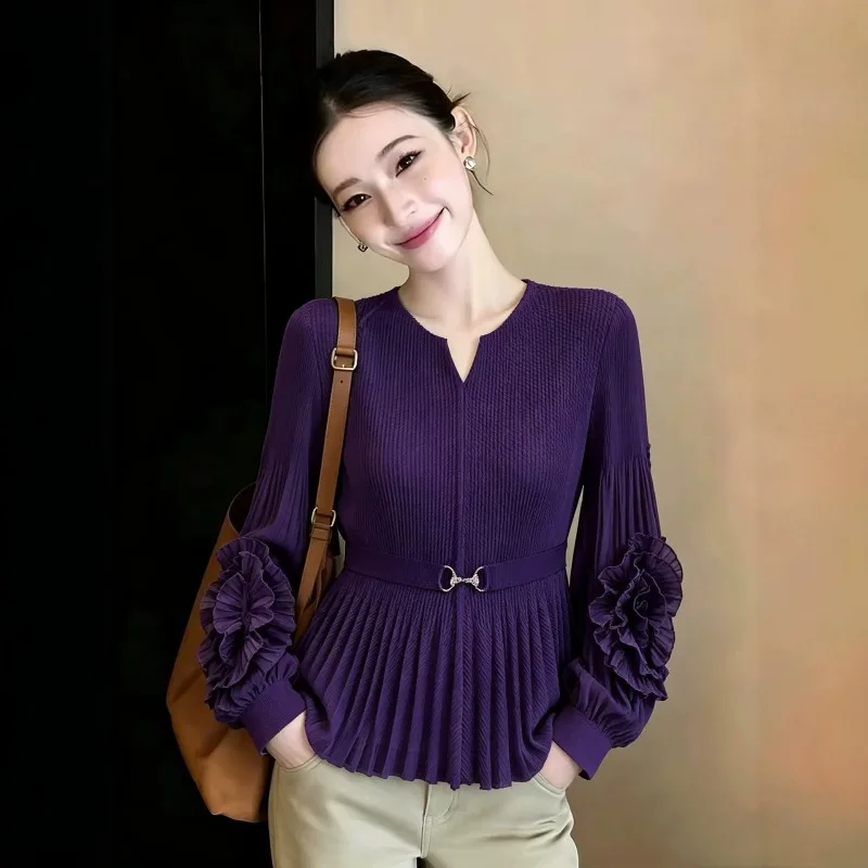 Pleated T-Shirt Women 2026 New Bouncy High-End Plus Size Top Fish Scale Pleats Solid Color Elegant Light Luxury Women's Clothing