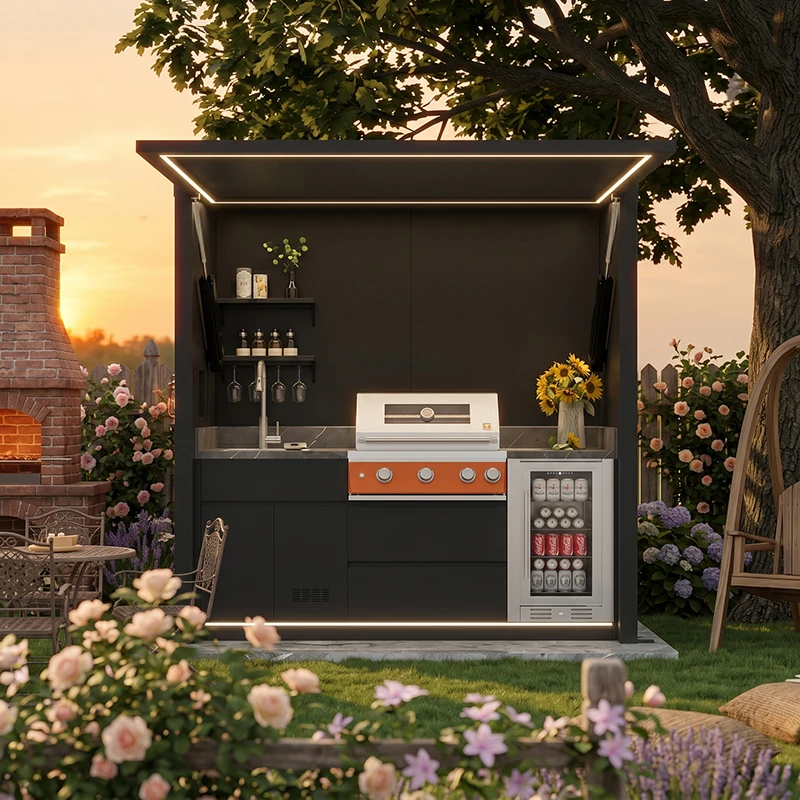 Modular Stainless Steel Foldable Outdoor Kitchen Cabinet Remote Control Flame Safety Chrome Plated for BBQ Grill Customize