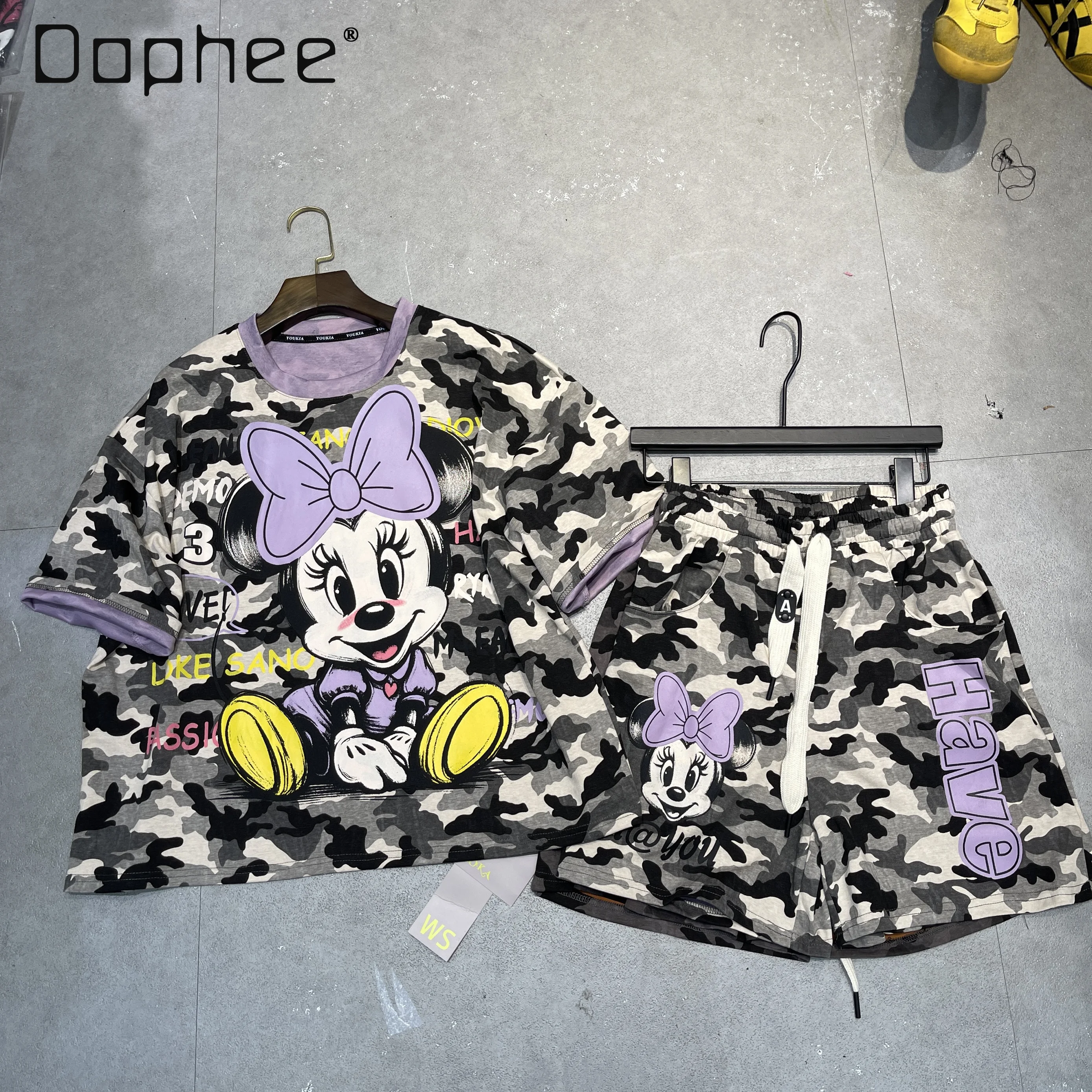 

Summer Fashion Loose Shorts Set Casual Camouflage Cartoon Printed Short Sleeve T-Shirt and Shorts Two-piece Women's Clothing