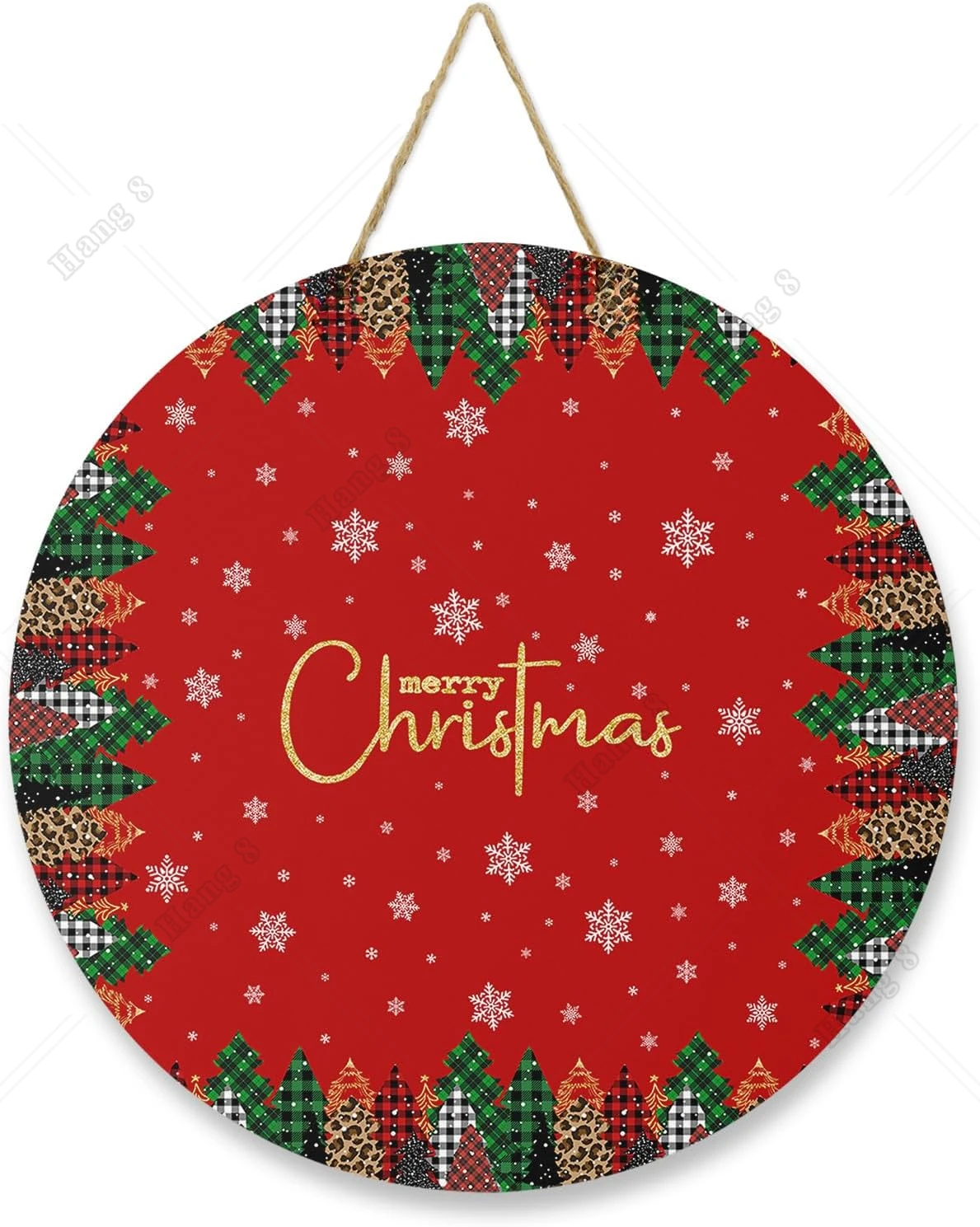 

Wooden Circle Sign Decoration for Front Door Outdoor Porch Indoor Wall Merry Christmas Xmas Tree Snowflake Leopard Red 12in