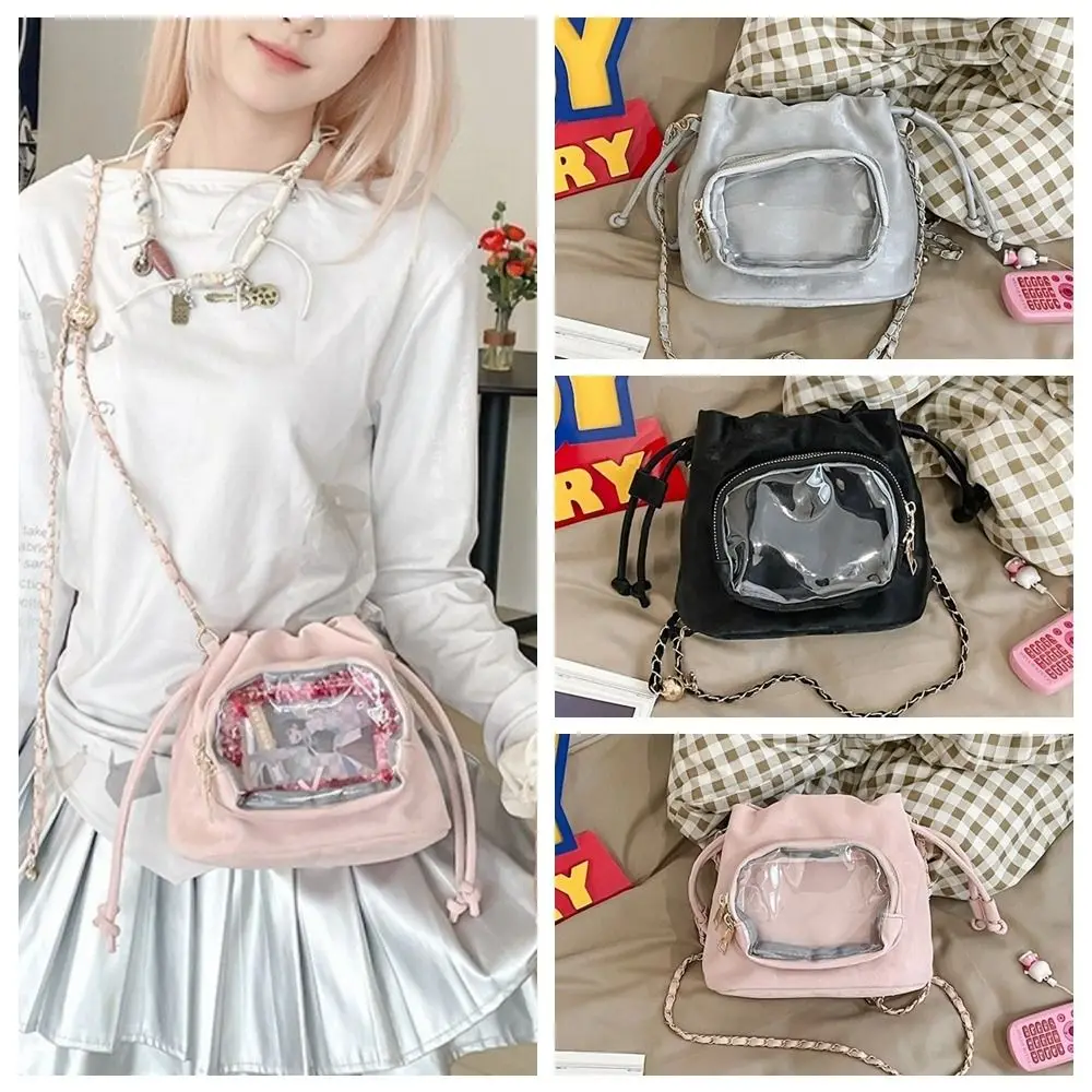 

Simple Handbag Transparent Pocket Itabag Shoulder Bag Korean Style Drawstring Bucket Bag Purse Solid Color Crossbody Bag Women
